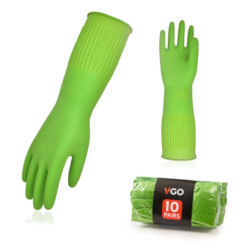 Vgo... 10-Pairs Reusable Long Sleeve Thick Latex Dishwashing Gloves - Cleaning, Washing, Working, Painting, Gardening, Pet Care (Size M, Green, RB2143) - Image 1
